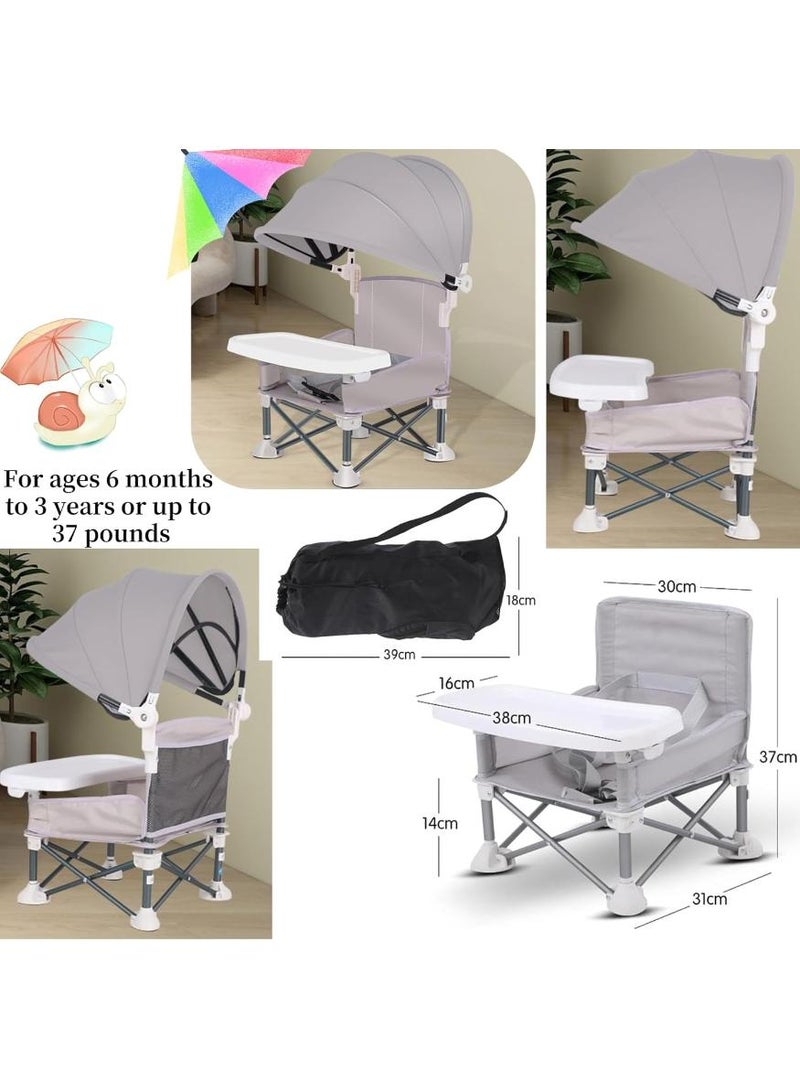 Bebiland Foldable Baby Booster Seat Dining Chair with Detachable Sunshade, Travel Portable with Removable Tray for Indoor Outdoor Sit Folding Booster Feeding, Camping Chair for Toddler Children's Day Gift(Grey) - Image 2