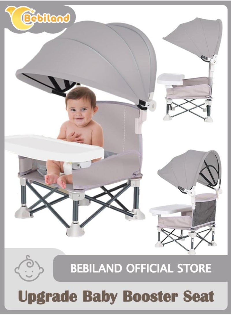 Bebiland Foldable Baby Booster Seat Dining Chair with Detachable Sunshade, Travel Portable with Removable Tray for Indoor Outdoor Sit Folding Booster Feeding, Camping Chair for Toddler Children's Day Gift(Grey) - Image 1