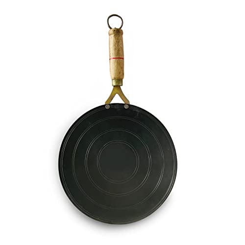 Kichera Sheet Iron Roti Tawa/Chapathi with Wooden Handle 27cm/11 inch, 1kg | Gas Stove Friendly | Pre-Seasoned Black Traditional Concave Iron Tava - Image 1