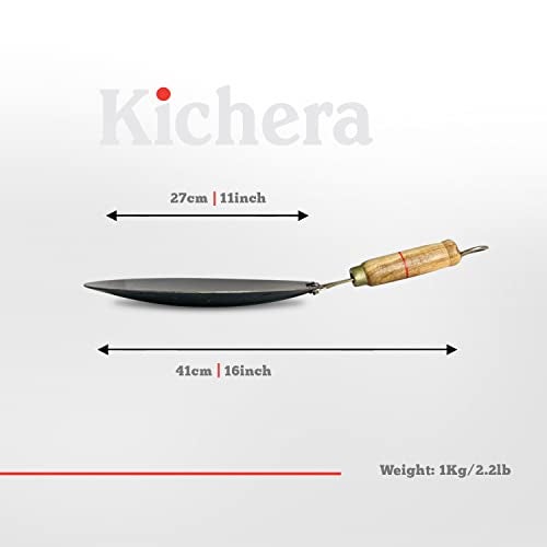 Kichera Sheet Iron Roti Tawa/Chapathi with Wooden Handle 27cm/11 inch, 1kg | Gas Stove Friendly | Pre-Seasoned Black Traditional Concave Iron Tava - Image 2