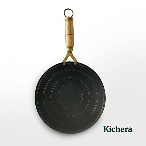 Kichera Sheet Iron Roti Tawa/Chapathi with Wooden Handle 27cm/11 inch, 1kg | Gas Stove Friendly | Pre-Seasoned Black Traditional Concave Iron Tava - Image 5