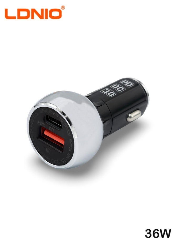 LDNIO 36W Dual Port Fast Car Charger Adapter with USB-C PD and USB QC3.0, 12V/24V Vehicle Power Adapter for Smartphones iPhones Android Tablets iPads Cameras Wireless Earbuds, Smart Safety Protection, PD+QC3.0 Dual Mode Fast Charging - Image 1