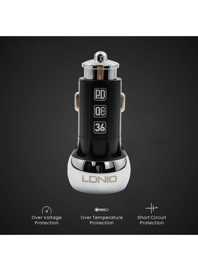 LDNIO 36W Dual Port Fast Car Charger Adapter with USB-C PD and USB QC3.0, 12V/24V Vehicle Power Adapter for Smartphones iPhones Android Tablets iPads Cameras Wireless Earbuds, Smart Safety Protection, PD+QC3.0 Dual Mode Fast Charging - Image 4