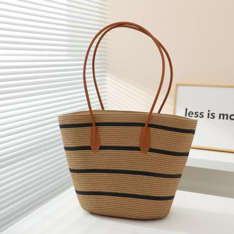 Upgraded Leather Bottom New Style High Quality Striped Large-Capacity Straw Woven Bag All-Match Woven Bag Fashionable Holiday Beach Bag - Image 2