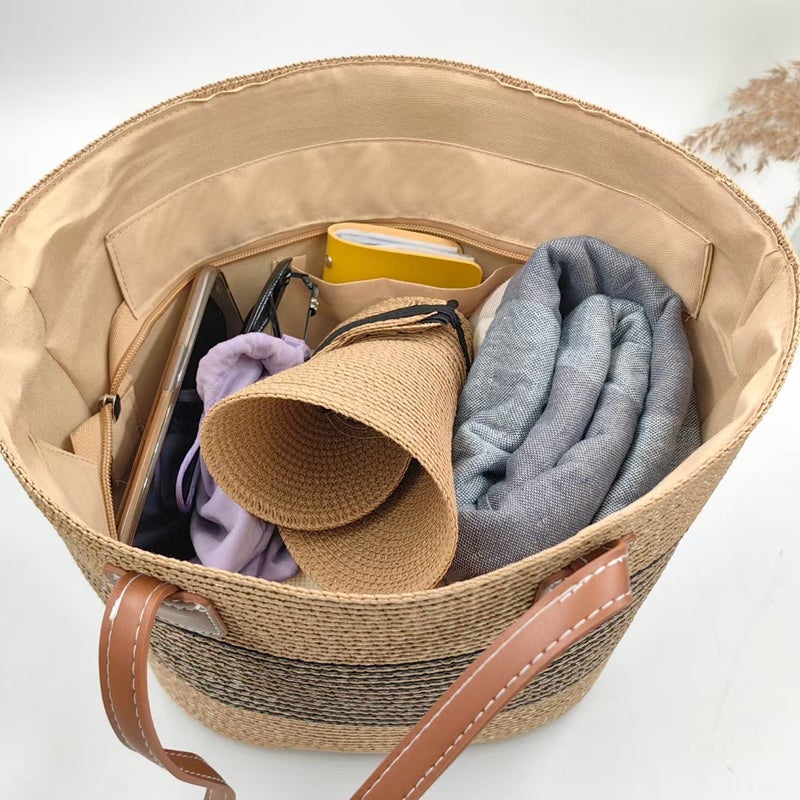 Upgraded Leather Bottom New Style High Quality Striped Large-Capacity Straw Woven Bag All-Match Woven Bag Fashionable Holiday Beach Bag - Image 5