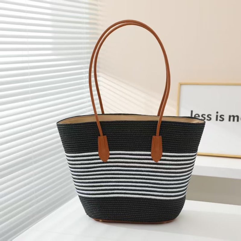 Upgraded Leather Bottom New Style High Quality Striped Large-Capacity Straw Woven Bag All-Match Woven Bag Fashionable Holiday Beach Bag - Image 1