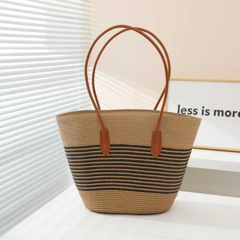 Upgraded Leather Bottom New Style High Quality Striped Large-Capacity Straw Woven Bag All-Match Woven Bag Fashionable Holiday Beach Bag - Image 4