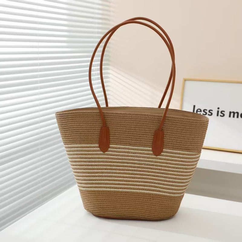 Upgraded Leather Bottom New Style High Quality Striped Large-Capacity Straw Woven Bag All-Match Woven Bag Fashionable Holiday Beach Bag - Image 3