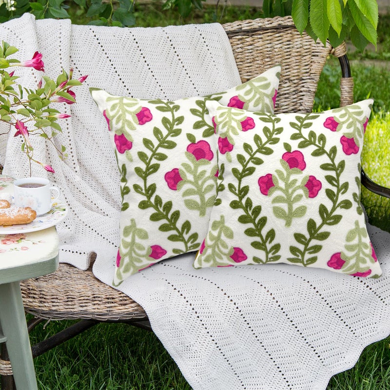 Alysheer Floral Embroidered Summer Decorative Throw Pillow Covers 20"x 20" Set of 2, Farmhouse Cottage Hot Pink Flowers Green Leaves Knit Pattern Cotton Canvas Cushion Case for Couch Bed Living Room - Image 3