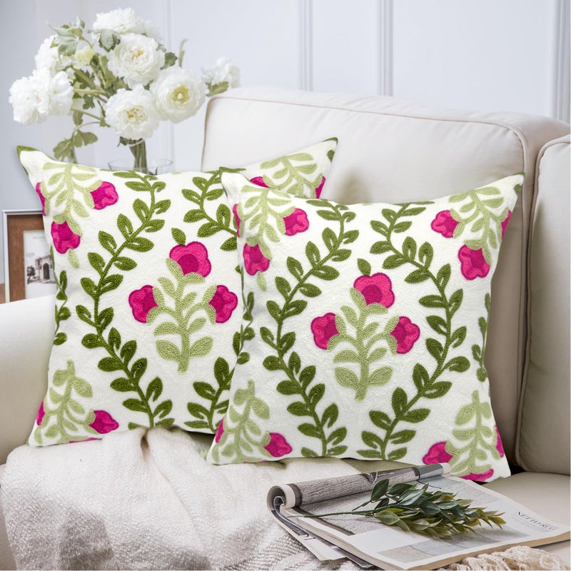 Alysheer Floral Embroidered Summer Decorative Throw Pillow Covers 20"x 20" Set of 2, Farmhouse Cottage Hot Pink Flowers Green Leaves Knit Pattern Cotton Canvas Cushion Case for Couch Bed Living Room - Image 2