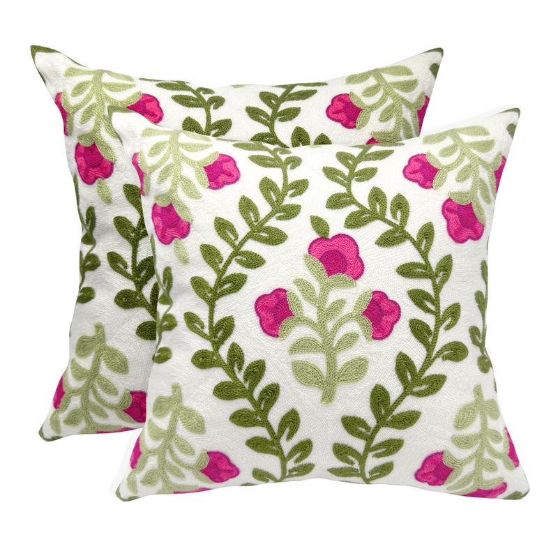 Alysheer Floral Embroidered Summer Decorative Throw Pillow Covers 20"x 20" Set of 2, Farmhouse Cottage Hot Pink Flowers Green Leaves Knit Pattern Cotton Canvas Cushion Case for Couch Bed Living Room - Image 1