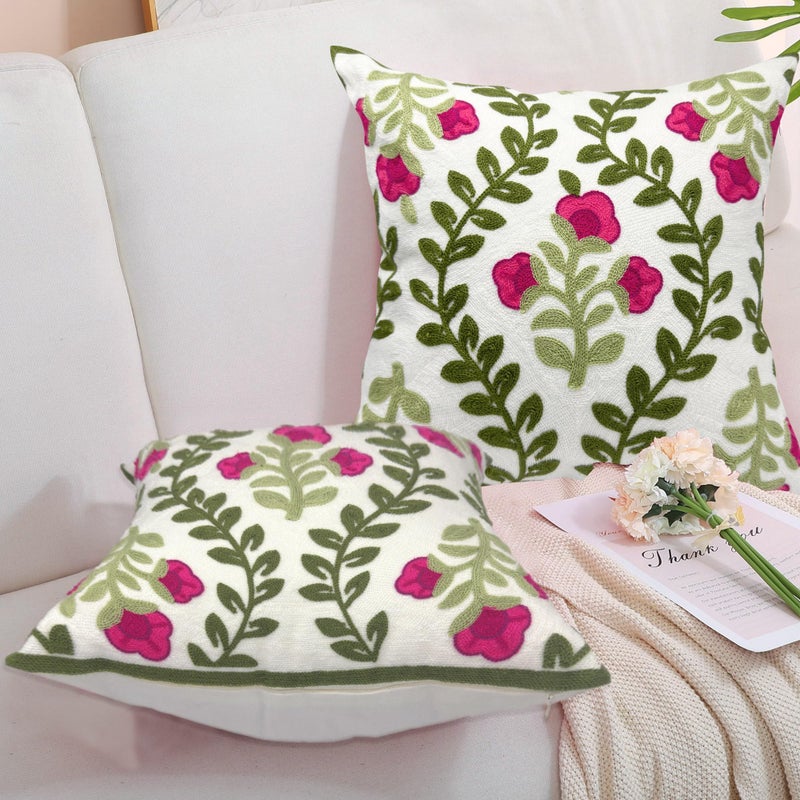 Alysheer Floral Embroidered Summer Decorative Throw Pillow Covers 20"x 20" Set of 2, Farmhouse Cottage Hot Pink Flowers Green Leaves Knit Pattern Cotton Canvas Cushion Case for Couch Bed Living Room - Image 4