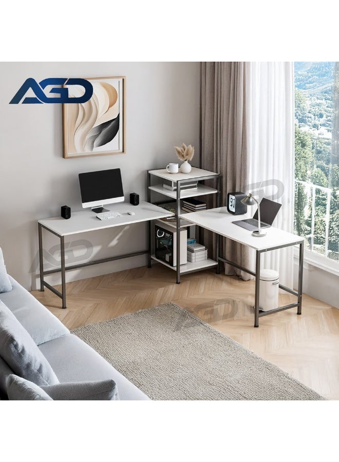 AGD Computer and Gaming Desk, 3-Way Adjustable Design, Fits 2 People, with Book and Printer Shelf for Home, Office and Study, White - Image 1