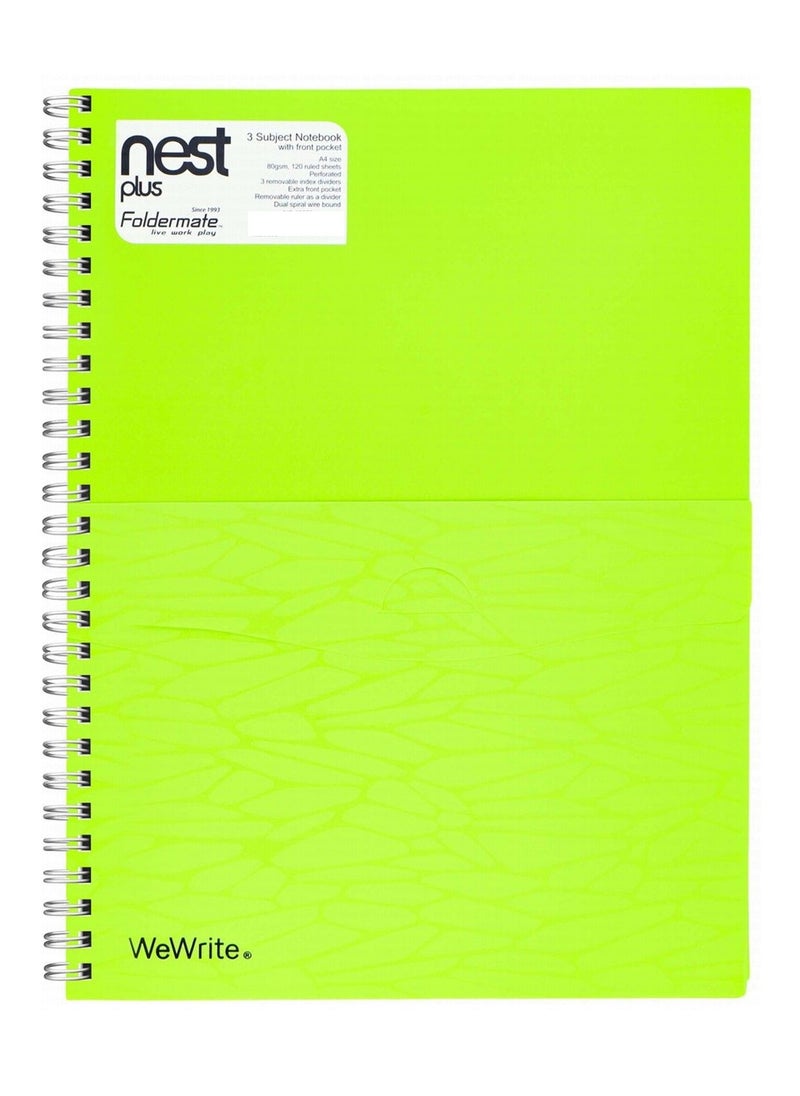 Foldermate - Nest Plus A4 Green Spiral 3 Subject Lined Notebook with Dividers & Pocket - Image 1