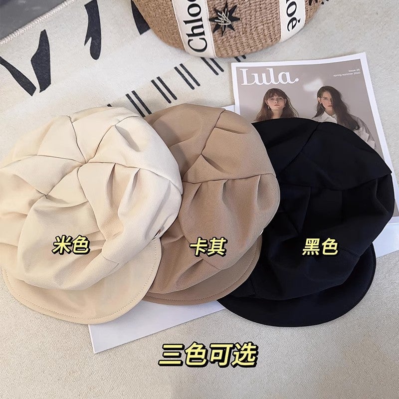 Cloud hat female pleated bag face slimming octagonal hat travel daily casual Korean style plain short brim beret Black - Image 5