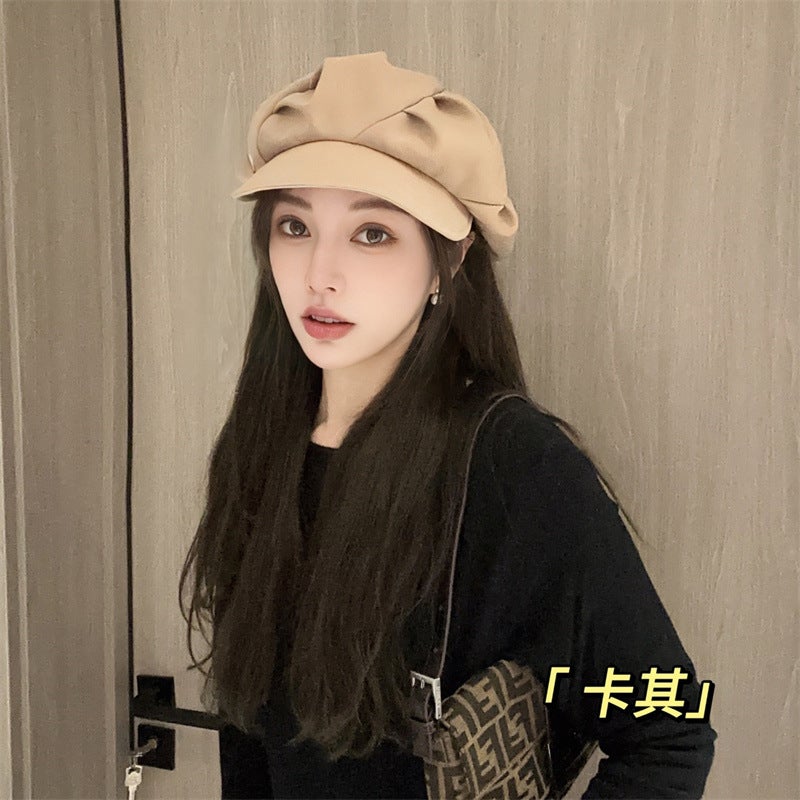 Cloud hat female pleated bag face slimming octagonal hat travel daily casual Korean style plain short brim beret Black - Image 3