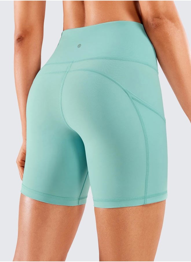 CRZ YOGA Women's Naked Feeling Light Running Shorts 6 Inches - High Waisted Gym Biker Compression Shorts with Pockets Oasis Large  - Image 2