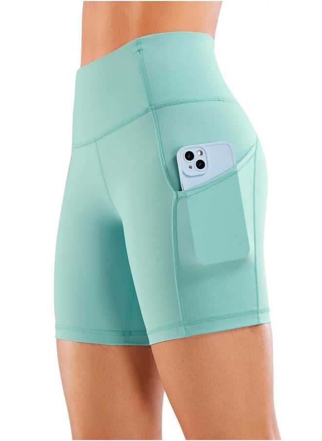 CRZ YOGA Women's Naked Feeling Light Running Shorts 6 Inches - High Waisted Gym Biker Compression Shorts with Pockets Oasis Large  - Image 1