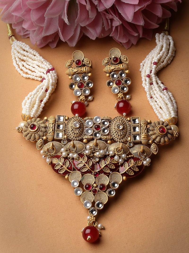 Adiva Gold-Plated Kundan Stone Studded Pearls & Beads Meenakari Choker Jewellery Set for Women, Traditional Stylish Jewellery Set for Women Party, Wedding, Bridal, Occasion, Festive - Image 5