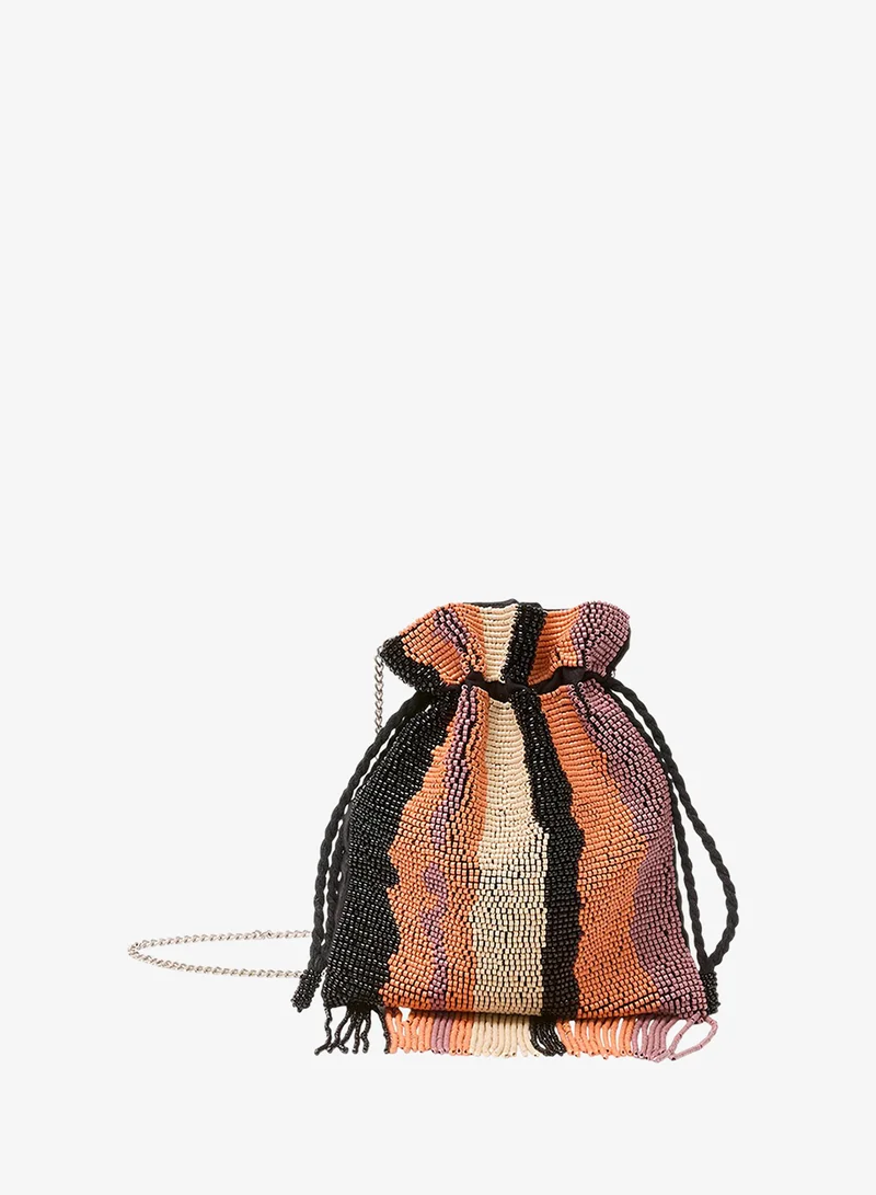 Women's Multi Stripe Beaded Fringe Potli Bucket Bag