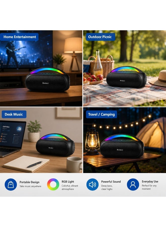 Smartbarry Portable M95 Bluetooth Speaker 60W Bass, RGB LED Light Handle, IPX5 Waterproof Outdoor Speaker, Type-C Fast Charge, AUX Support, Wireless Stereo Sound for Party & Travel - Image 3