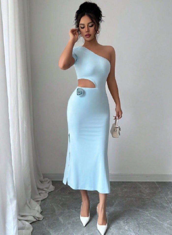 SHEIN Women's Solid Color One Shoulder Elegant Long Dress With 3D Floral Decor - Image 2