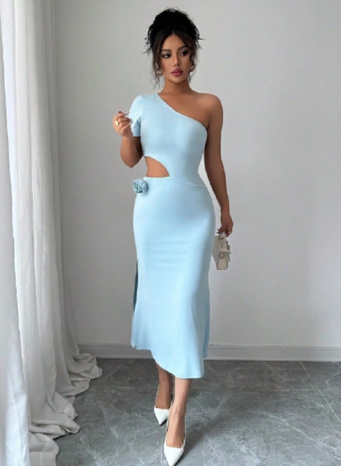 SHEIN Women's Solid Color One Shoulder Elegant Long Dress With 3D Floral Decor - Image 1