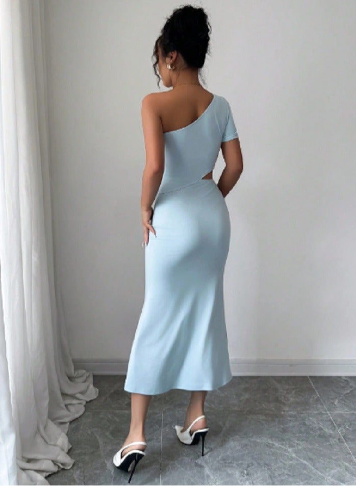 SHEIN Women's Solid Color One Shoulder Elegant Long Dress With 3D Floral Decor - Image 3