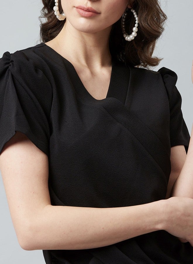 Athena Black Wrap Top With Puffed Sleeves For Women - Image 2