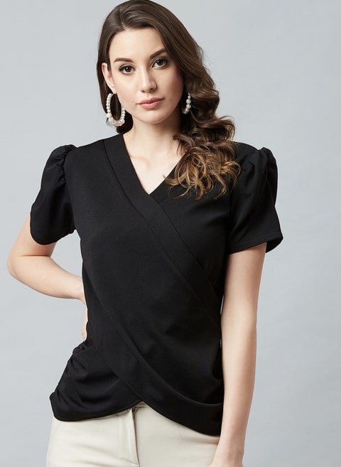 Black Wrap Top With Puffed Sleeves For Women