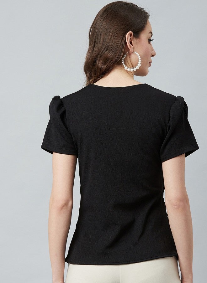 Athena Black Wrap Top With Puffed Sleeves For Women - Image 5