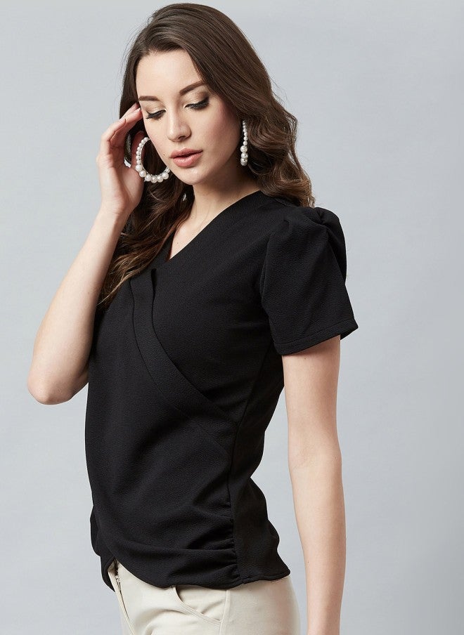 Athena Black Wrap Top With Puffed Sleeves For Women - Image 4