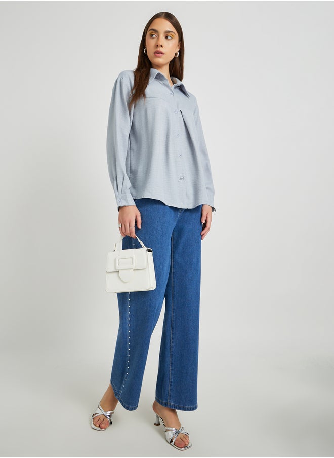 Take Two Take Two Solid Pleated Spread Collar Shirt  - Image 2