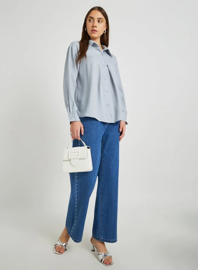 تايك تو قميص بياقة مفرودة مطوية بقطعتين صلبة