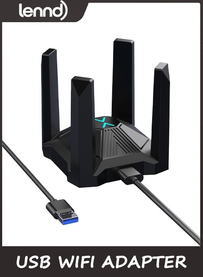 لينند محول AX1800 USB للشبكة اللاسلكية (WiFi) لأجهزة الكمبيوتر المكتبية والمحمولة، مزود بـ 4 هوائيات عالية الكسب ويدعم النطاق المزدوج (2.4 جيجاهرتز و5 جيجاهرتز)، وتقنية WPA3، ومنفذ USB 3.0؛ يعمل دون الحاجة إلى تثبيت برامج تشغيل (Plug & Play) على أنظمة Windows 11/10 فقط. - Image 1