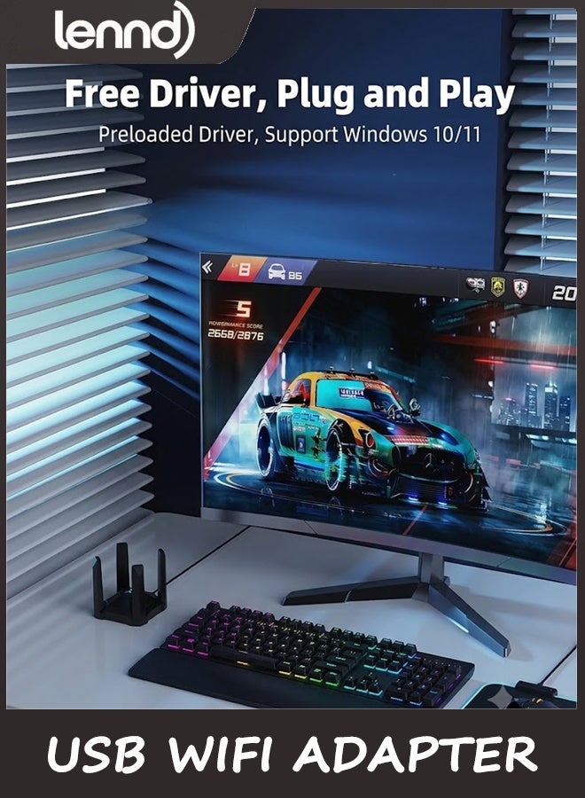 لينند محول AX1800 USB للشبكة اللاسلكية (WiFi) لأجهزة الكمبيوتر المكتبية والمحمولة، مزود بـ 4 هوائيات عالية الكسب ويدعم النطاق المزدوج (2.4 جيجاهرتز و5 جيجاهرتز)، وتقنية WPA3، ومنفذ USB 3.0؛ يعمل دون الحاجة إلى تثبيت برامج تشغيل (Plug & Play) على أنظمة Windows 11/10 فقط. - Image 5