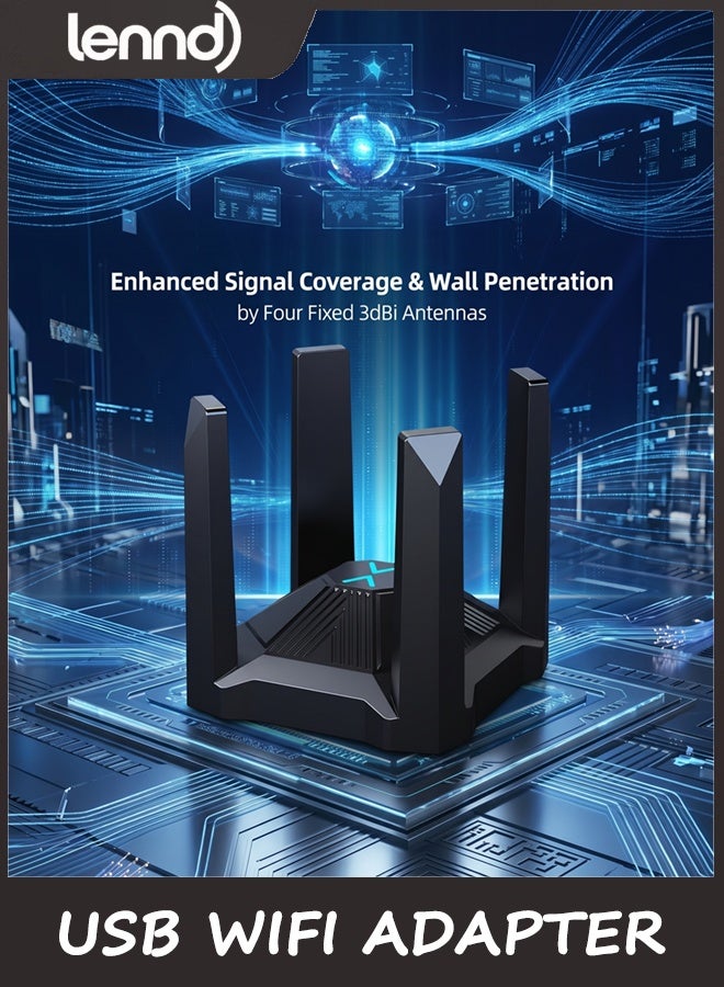 لينند محول AX1800 USB للشبكة اللاسلكية (WiFi) لأجهزة الكمبيوتر المكتبية والمحمولة، مزود بـ 4 هوائيات عالية الكسب ويدعم النطاق المزدوج (2.4 جيجاهرتز و5 جيجاهرتز)، وتقنية WPA3، ومنفذ USB 3.0؛ يعمل دون الحاجة إلى تثبيت برامج تشغيل (Plug & Play) على أنظمة Windows 11/10 فقط. - Image 4