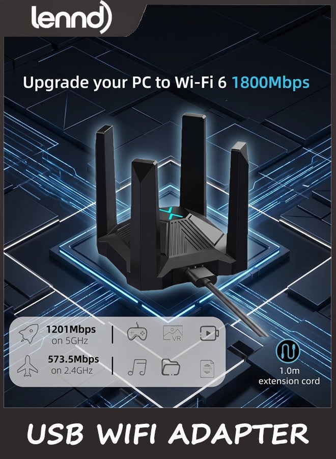 لينند محول AX1800 USB للشبكة اللاسلكية (WiFi) لأجهزة الكمبيوتر المكتبية والمحمولة، مزود بـ 4 هوائيات عالية الكسب ويدعم النطاق المزدوج (2.4 جيجاهرتز و5 جيجاهرتز)، وتقنية WPA3، ومنفذ USB 3.0؛ يعمل دون الحاجة إلى تثبيت برامج تشغيل (Plug & Play) على أنظمة Windows 11/10 فقط. - Image 3