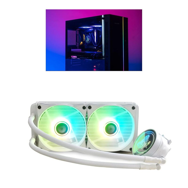 مبرد سائل للمعالج (CPU Liquid Cooler) بتقنية التبريد بالماء بجهد 5V ودعم للإضاءة ARGB، بأحجام 240 مم أو 360 مم، مناسب لمنصات LGA 2066/2011 V3/2011/115X/AM4/AM3+/AM3/FM2+، ويتميز بالهدوء أثناء التشغيل. - Image 2