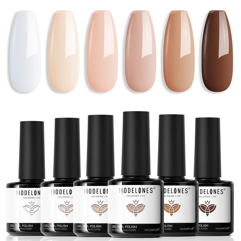 modelones Gel Nail Polish Set- 6 Colors White Nude Brown Gel Polish Skin Tone Neutral Beige Tan Taupe Nail Polish Kit Popular Fall Winter Soak Off Soapnails Nail Art Manicure DIY Salon Gift for Women - Image 1