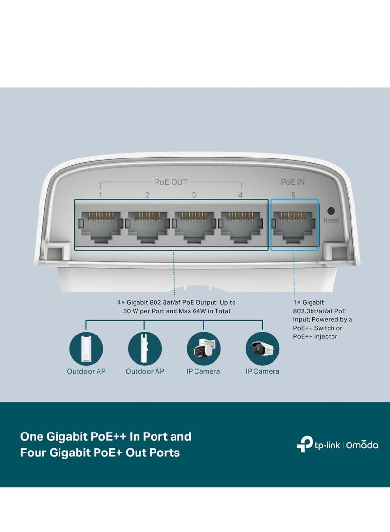 Tp-link Tl TP-Link Omada SG2005P-PD | مفتاح إيثرنت جيجابت خارجي 5 منافذ مع تمرير الطاقة عبر الإيثرنت | 1 PoE++ عند 90W، 4 PoE+ خارج حتى 64W | IP55، توجيه ثابت، قائمة التحكم في الوصول، جودة الخدمة، VLAN | يعمل بالطاقة عبر الإيثرنت فقط - Image 3
