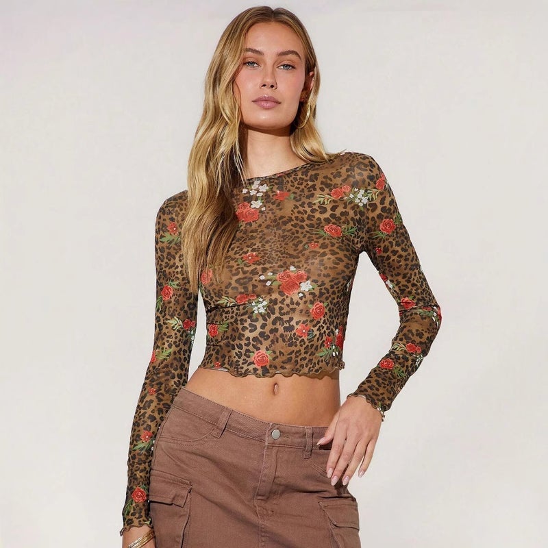 Women's Leopard Floral Print Mesh Round Neck Short Long Sleeve T-Shirt Top - Image 1