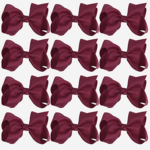 ICObuty 4 Inch Boutique Girls Hair Bows Hair Clips for Girls Toddlers 12 Pcs Solid Color (Maroon) - Image 1