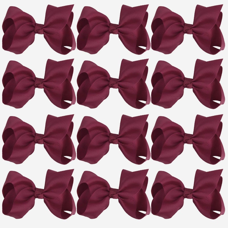 ICObuty 4 Inch Boutique Girls Hair Bows Hair Clips for Girls Toddlers 12 Pcs Solid Color (Maroon) - Image 2