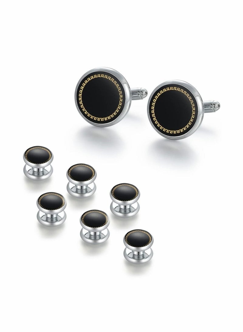 واي آند دي Cufflinks & Studs Set (1Pair 3Pair Tuxedo Studs) Mens Jewelry Kit with Gift Box, Silver for Men Dress Shirt Studs, Wedding Anniversary Valentines Gifts Him - Image 4