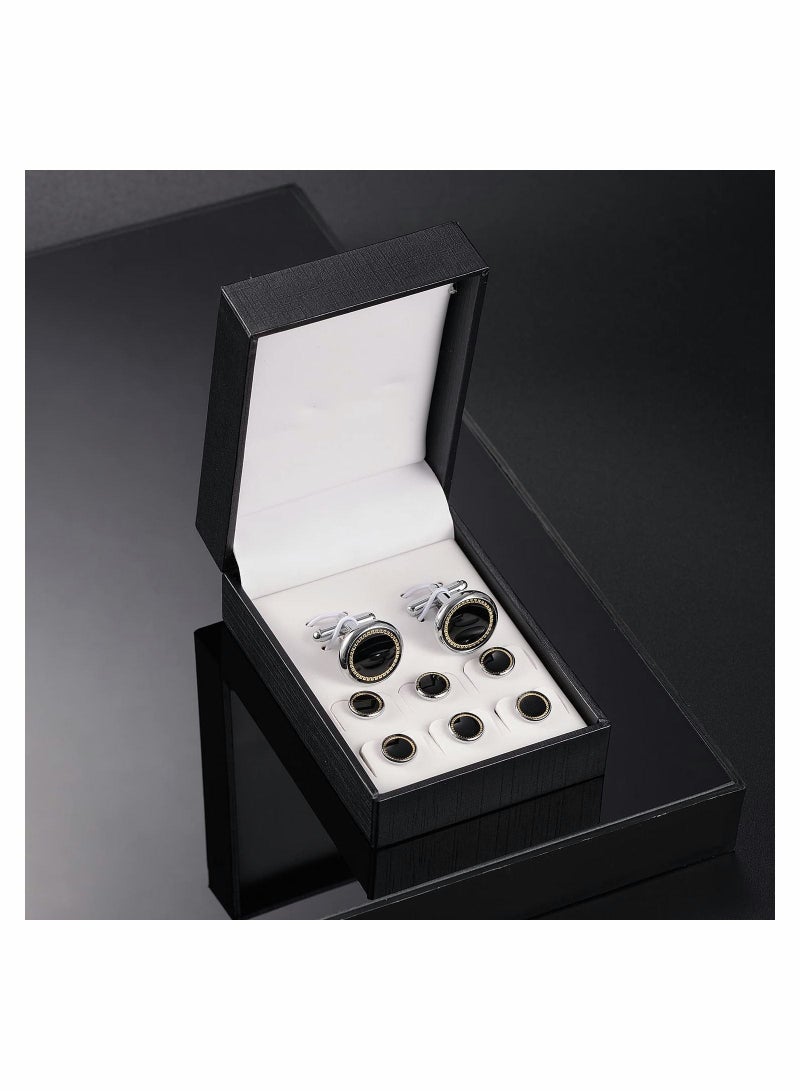 واي آند دي Cufflinks & Studs Set (1Pair 3Pair Tuxedo Studs) Mens Jewelry Kit with Gift Box, Silver for Men Dress Shirt Studs, Wedding Anniversary Valentines Gifts Him - Image 3