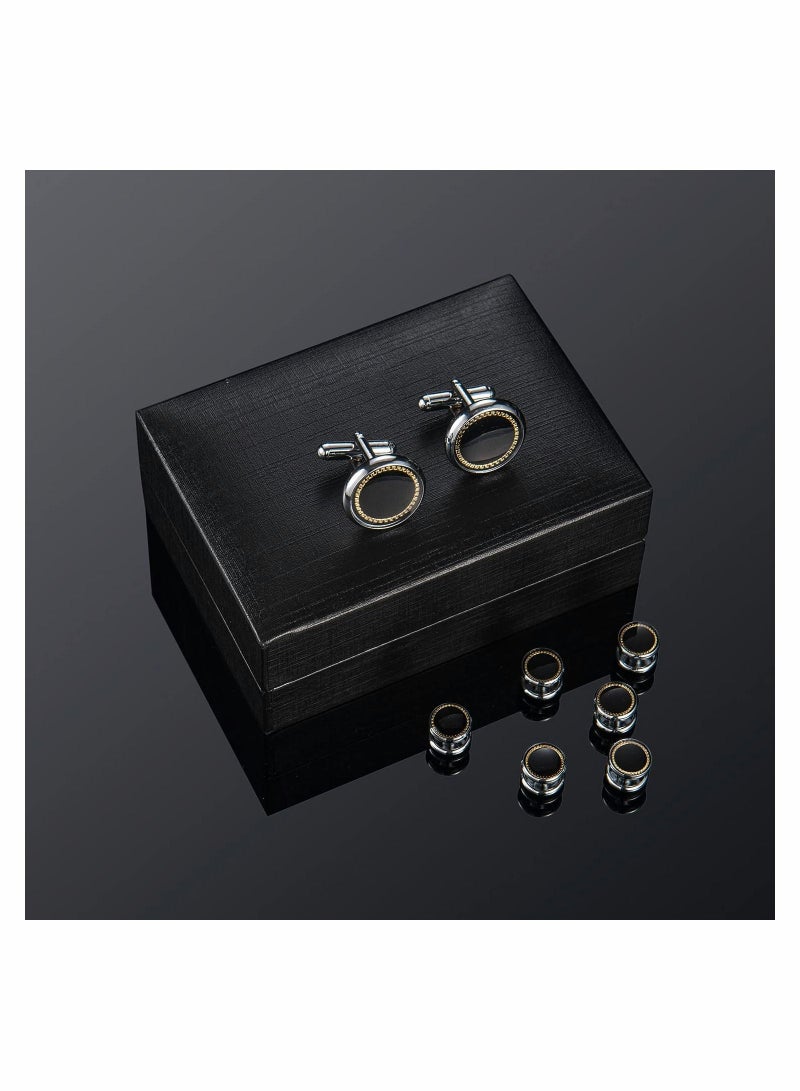 واي آند دي Cufflinks & Studs Set (1Pair 3Pair Tuxedo Studs) Mens Jewelry Kit with Gift Box, Silver for Men Dress Shirt Studs, Wedding Anniversary Valentines Gifts Him - Image 2