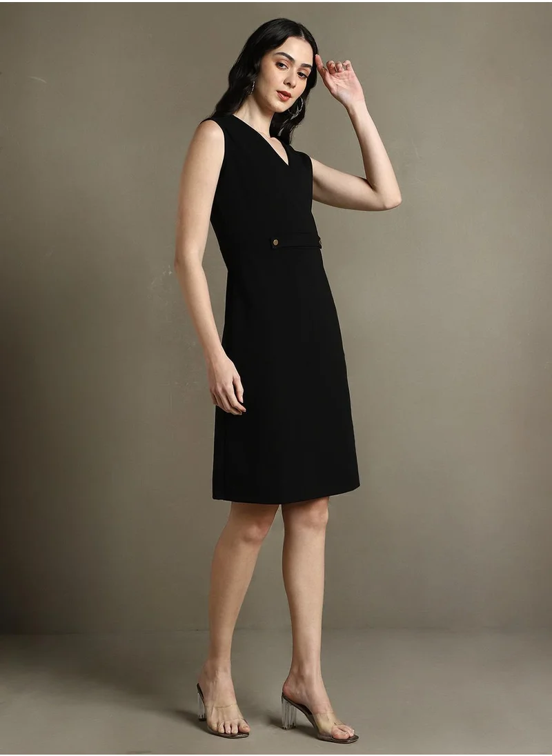 دينيس لينغو Women's Black 100% Polyester Solid Regular Fit Dress