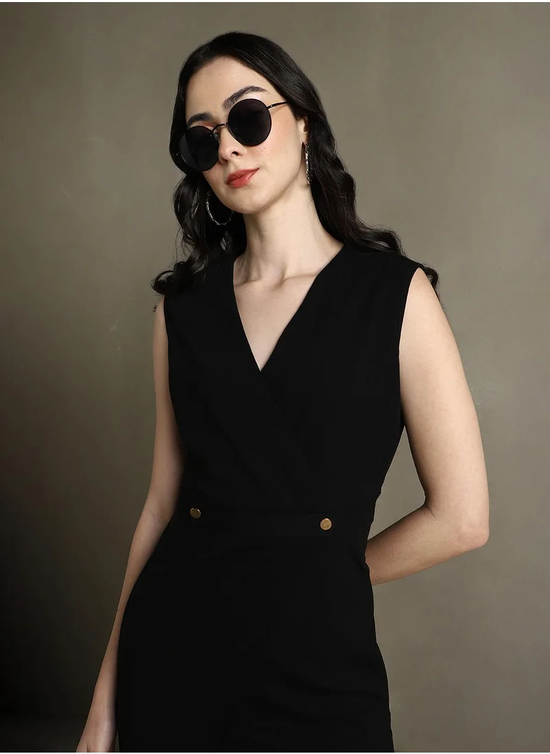 دينيس لينغو Women's Black 100% Polyester Solid Regular Fit Dress
