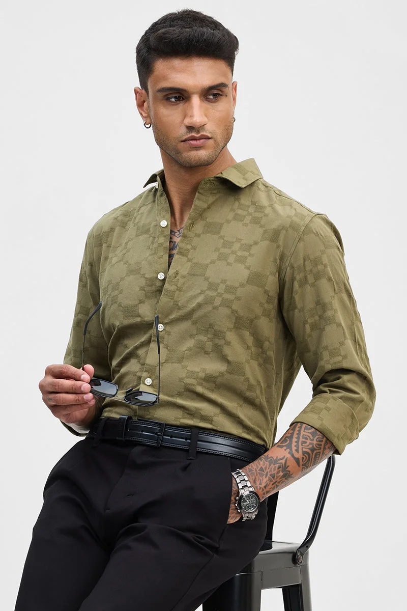 سنيتش Olive Geometric Long Sleeve Slim Fit Shirt